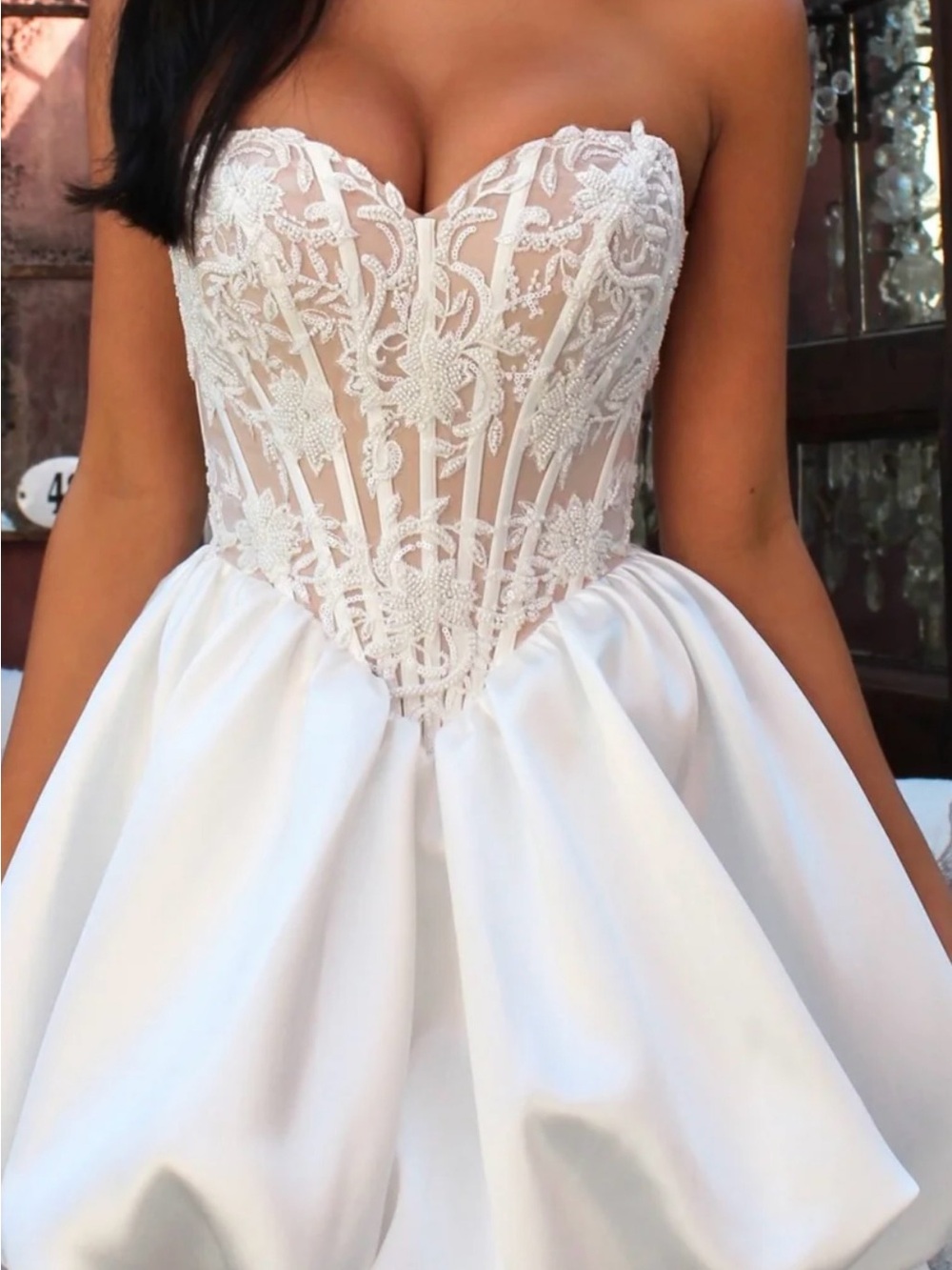 Strapless White Lace-Up Bubble Hem Party Dress